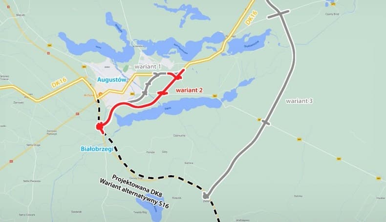 Mapa poglądowa wariantu 2 obwodnicy Augustowa — przebieg orientacyjny na podstawie materiałów GDDKiA